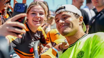 NORTHAMPTON, ENGLAND - JULY 02: Lando Norris of Great Britain and McLaren poses for a selfie with a