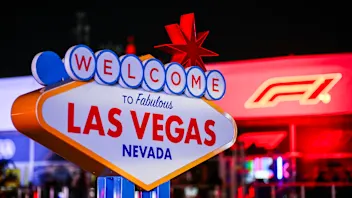 LAS VEGAS, NEVADA - NOVEMBER 16: A general view of Las Vegas signage in the paddock ahead of the F1