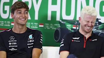 BUDAPEST, HUNGARY - JULY 20: George Russell of Great Britain and Mercedes and Nico Hulkenberg of