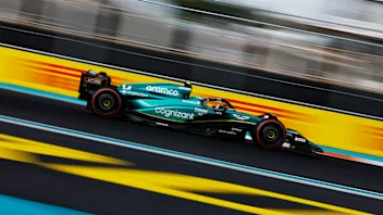 MIAMI, FLORIDA - MAY 06: Fernando Alonso of Spain driving the (14) Aston Martin AMR23 Mercedes on