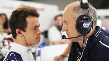 BARCELONA, SPAIN - JUNE 03: Nyck de Vries of Netherlands and Scuderia AlphaTauri talks with
