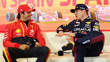 BARCELONA, SPAIN - JUNE 03: Second placed qualifier Carlos Sainz of Spain and Ferrari (L) and Pole