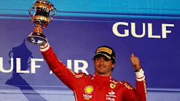 BAHRAIN, BAHRAIN - MARCH 02: Third placed Carlos Sainz of Spain and Ferrari celebrates on the