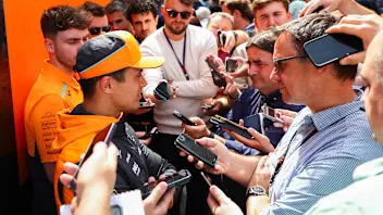 SPA, BELGIUM - JULY 25: Lando Norris of McLaren and Great Britain talks to the press during