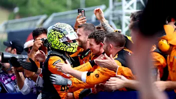 IMOLA, ITALY - MAY 19: Second placed Lando Norris of Great Britain and McLaren celebrates in parc