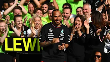 NORTHAMPTON, ENGLAND - JULY 07: Race winner Lewis Hamilton of Great Britain and Mercedes celebrates