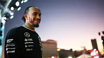 LAS VEGAS, NEVADA - NOVEMBER 21: Lewis Hamilton of Great Britain and Mercedes talks to the crowd on