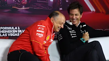 LAS VEGAS, NEVADA - NOVEMBER 21: Ferrari Team Principal Frederic Vasseur and Mercedes GP Executive