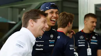 MIAMI, FLORIDA - MAY 03: Alexander Albon of Thailand and Williams and James Vowles, Team Principal