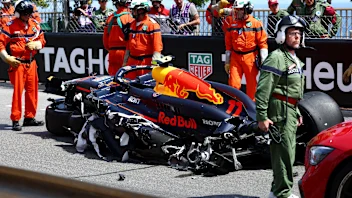 MONTE-CARLO, MONACO - MAY 26: The destroyed car of Sergio Perez of Mexico and Oracle Red Bull