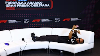 BARCELONA, SPAIN - JUNE 23: Third placed Lewis Hamilton of Great Britain and Mercedes celebrates on