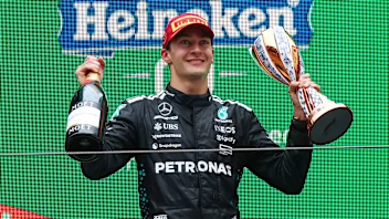 SHANGHAI, CHINA - MARCH 23: Third placed George Russell of Great Britain and Mercedes AMG Petronas