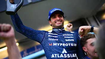 BAKU, AZERBAIJAN - SEPTEMBER 21: Third placed Carlos Sainz of Spain and Williams celebrates with