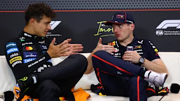 IMOLA, ITALY - MAY 18: Second placed Lando Norris of Great Britain and McLaren and Race winner Max