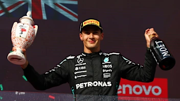 BUDAPEST, HUNGARY - AUGUST 03: Third placed George Russell of Great Britain and Mercedes AMG