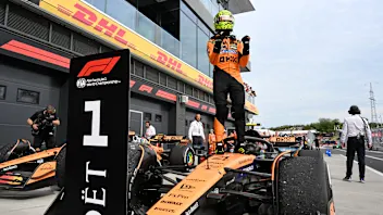 BUDAPEST, HUNGARY - AUGUST 03: Race winner Lando Norris of Great Britain and McLaren celebrates in