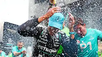 SPIELBERG, AUSTRIA - JUNE 28: Race winner George Russell of Great Britain and Mercedes AMG Petronas