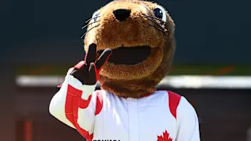 MONTREAL, QUEBEC - MAY 21: Vroum the mascot arrives in the Paddock during previews ahead of the F1