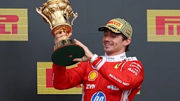 NORTHAMPTON, ENGLAND - JULY 05: Race winner Charles Leclerc of Monaco and Scuderia Ferrari lifts
