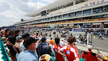 MIAMI, FLORIDA - MAY 02: Fans watch from a grandstand prior to the Sprint ahead of the F1 Grand