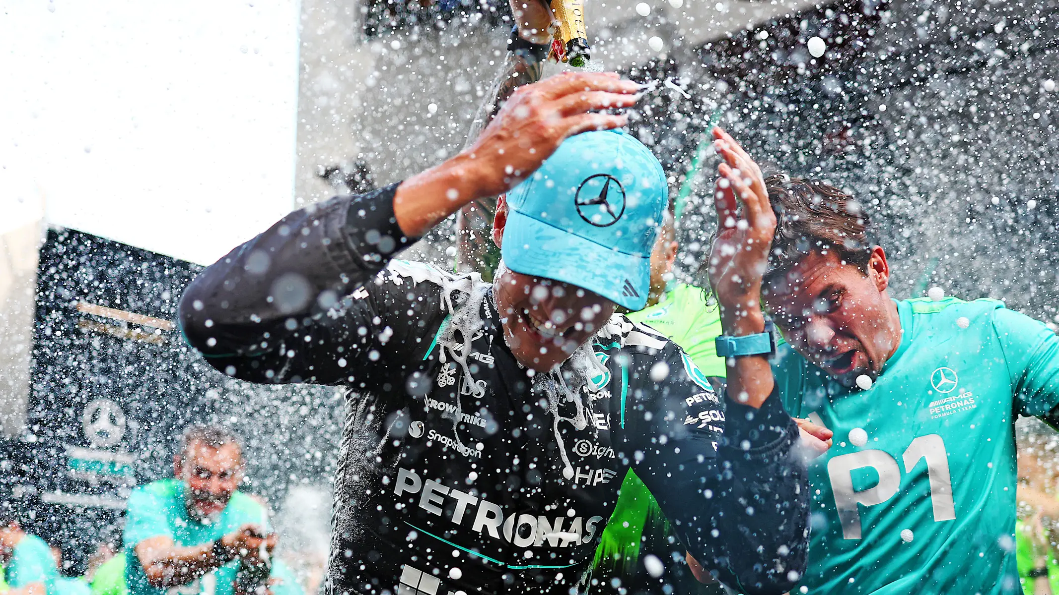 SPIELBERG, AUSTRIA - JUNE 28: Race winner George Russell of Great Britain and Mercedes AMG Petronas