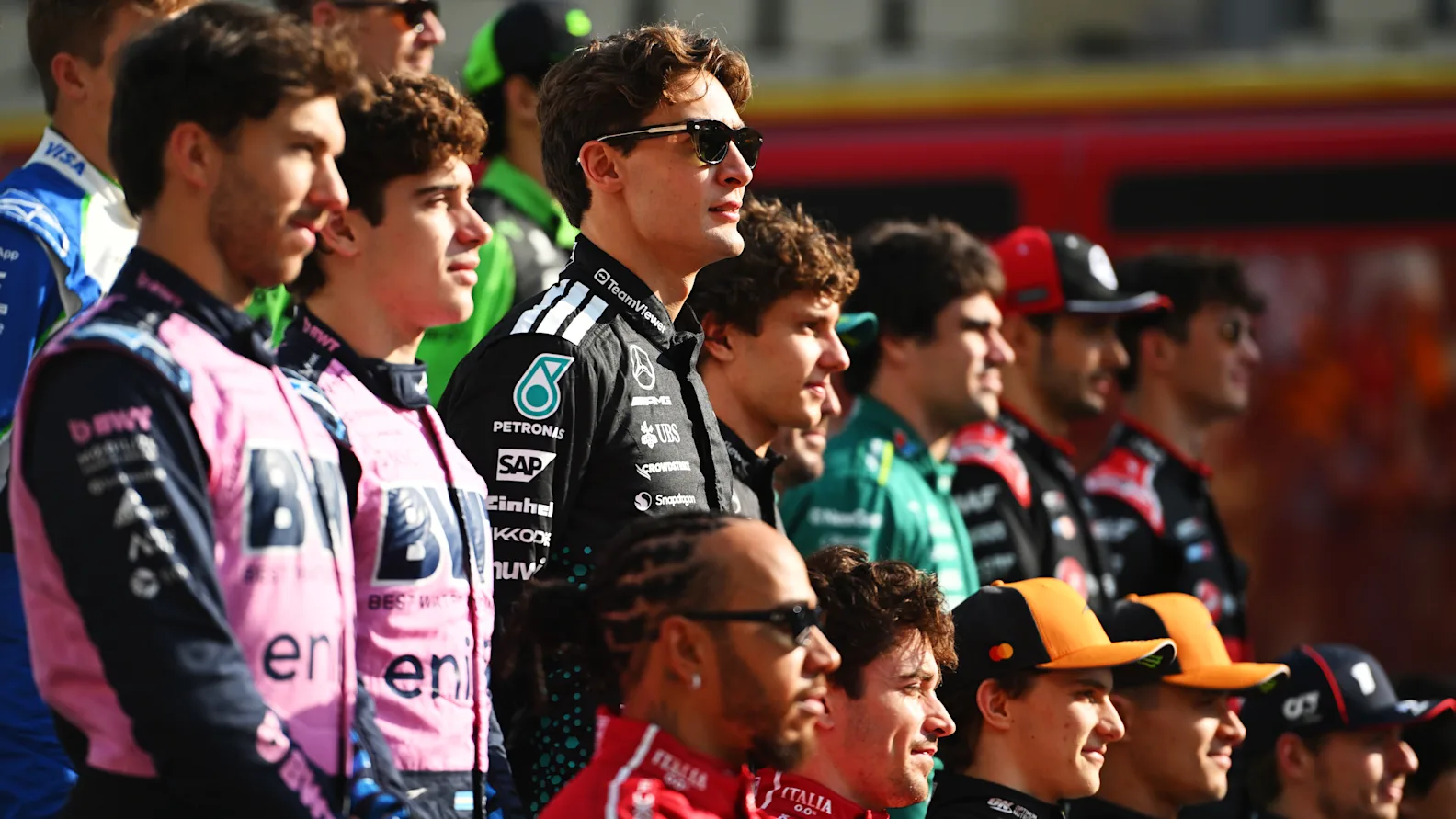 ABU DHABI, UNITED ARAB EMIRATES - DECEMBER 07: George Russell of Great Britain and Mercedes AMG Petronas F1 Team at the 2025 F1 drivers photo call prior to the F1 Grand Prix of Abu Dhabi at Yas Marina Circuit on December 07, 2025 in Abu Dhabi, United Arab Emirates. (Photo by Rudy Carezzevoli/Getty Images)