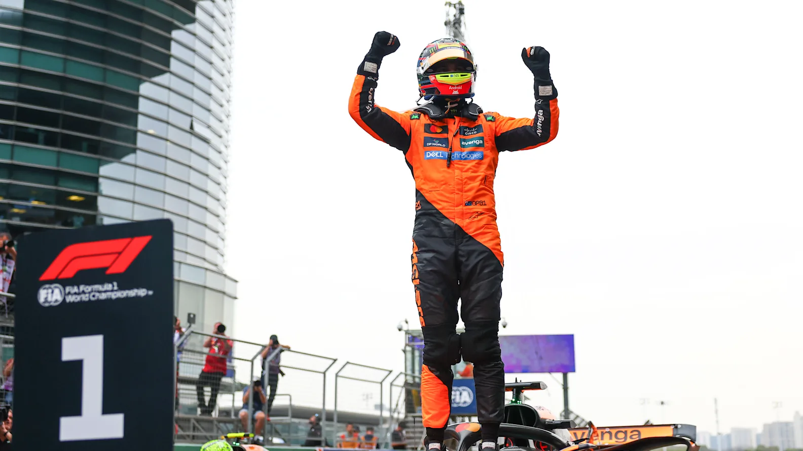 SHANGHAI, CHINA - MARCH 23: Race winner Oscar Piastri of Australia and McLaren celebrates in parc