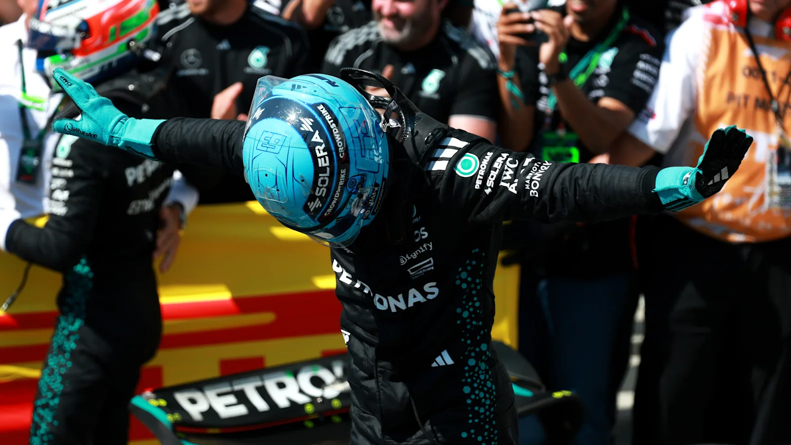 MONTREAL, QUEBEC - JUNE 15: Race winner George Russell of Great Britain and Mercedes AMG Petronas