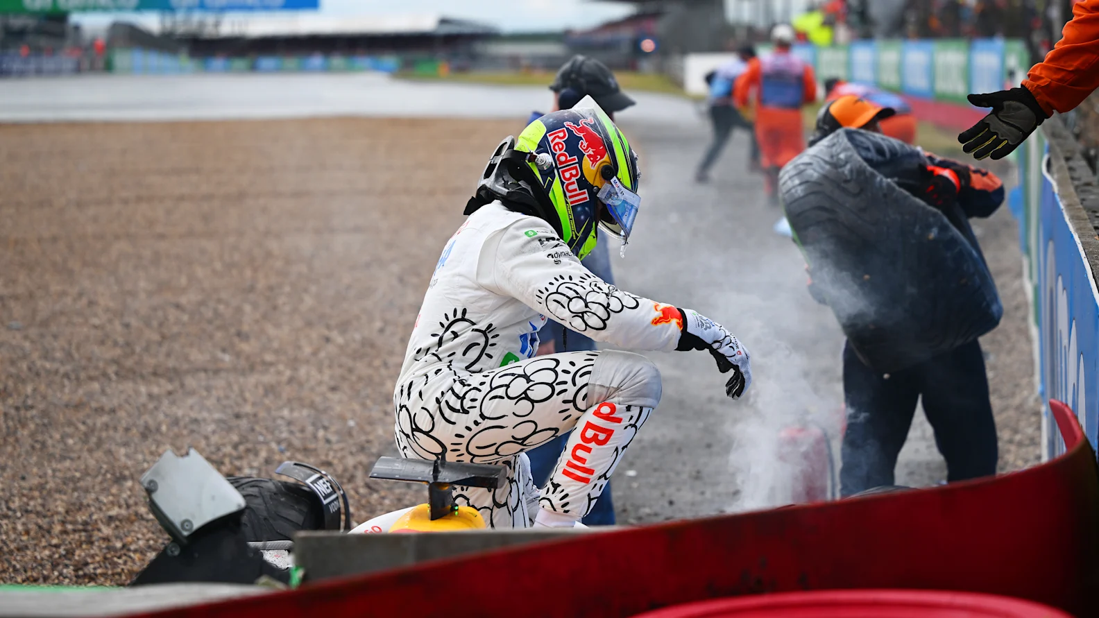 NORTHAMPTON, ENGLAND - JULY 06: Isack Hadjar of France and Visa Cash App Racing Bulls retires in the gravel during the F1 Grand Prix of Great Britain at Silverstone Circuit on July 06, 2025 in Northampton, England. (Photo by Clive Mason/Getty Images)