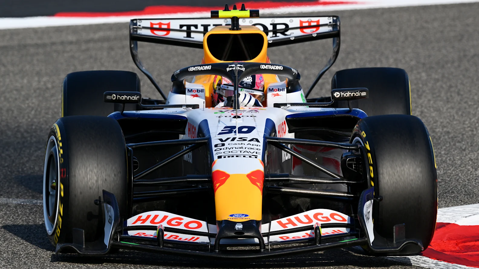 BAHRAIN, BAHRAIN - FEBRUARY 13: Liam Lawson of New Zealand driving the (30) Visa Cash App Racing Bulls VCARB 03 RB Ford on track during day three of F1 Testing at Bahrain International Circuit on February 13, 2026 in Bahrain, Bahrain. (Photo by Mark Sutton - Formula 1/Formula 1 via Getty Images)