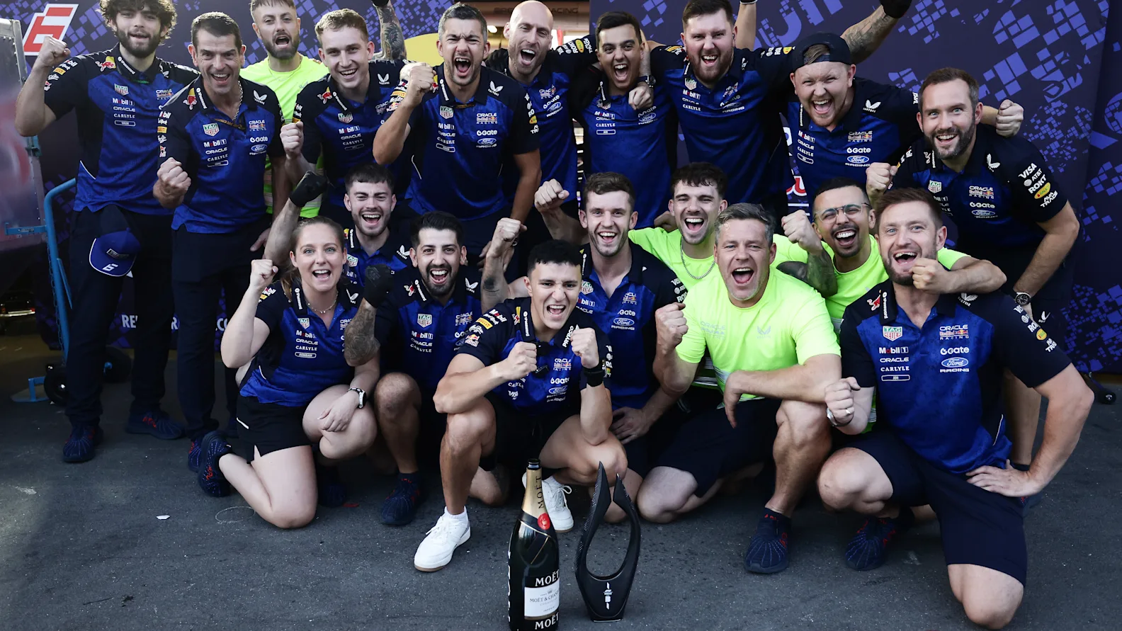BAKU, AZERBAIJAN - SEPTEMBER 26: Third placed Isack Hadjar of France and Oracle Red Bull Racing celebrates with teammates during the F1 Grand Prix of Azerbaijan at Baku City Circuit on September 26, 2026 in Baku, Azerbaijan. (Photo by Mark Thompson/Getty Images)