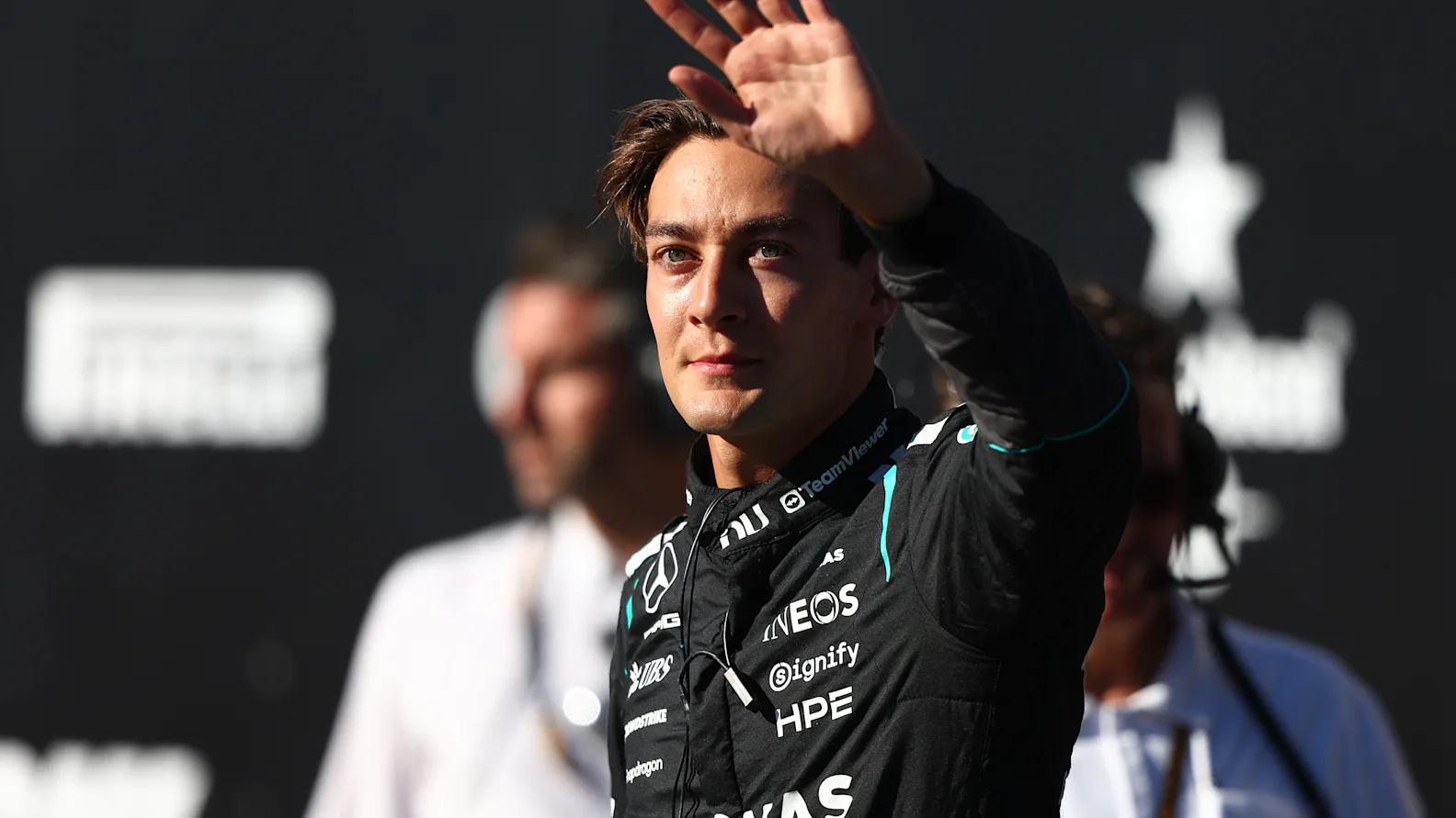 MONTREAL, QUEBEC - MAY 22: Sprint Pole qualifier George Russell of Great Britain and Mercedes AMG Petronas F1 Team waves during Sprint Qualifying ahead of the F1 Grand Prix of Canada at Circuit Gilles-Villeneuve on May 22, 2026 in Montreal, Quebec. (Photo by Andy Hone/LAT Images)
