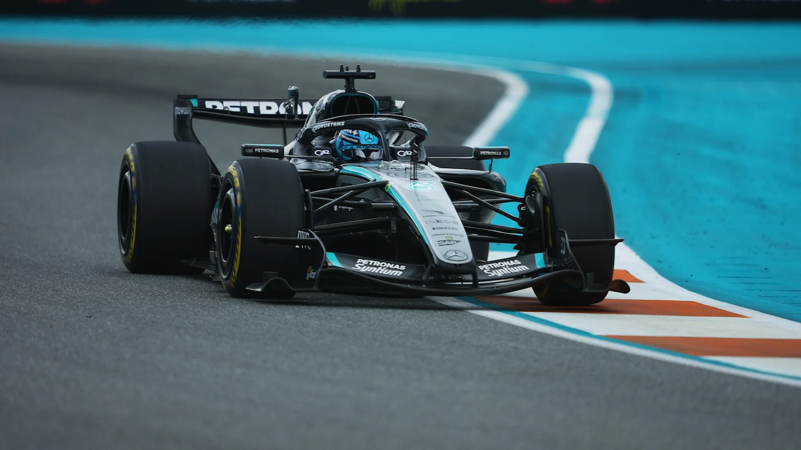 MIAMI, FLORIDA - MAY 03: George Russell of Great Britain driving the (63) Mercedes AMG Petronas F1