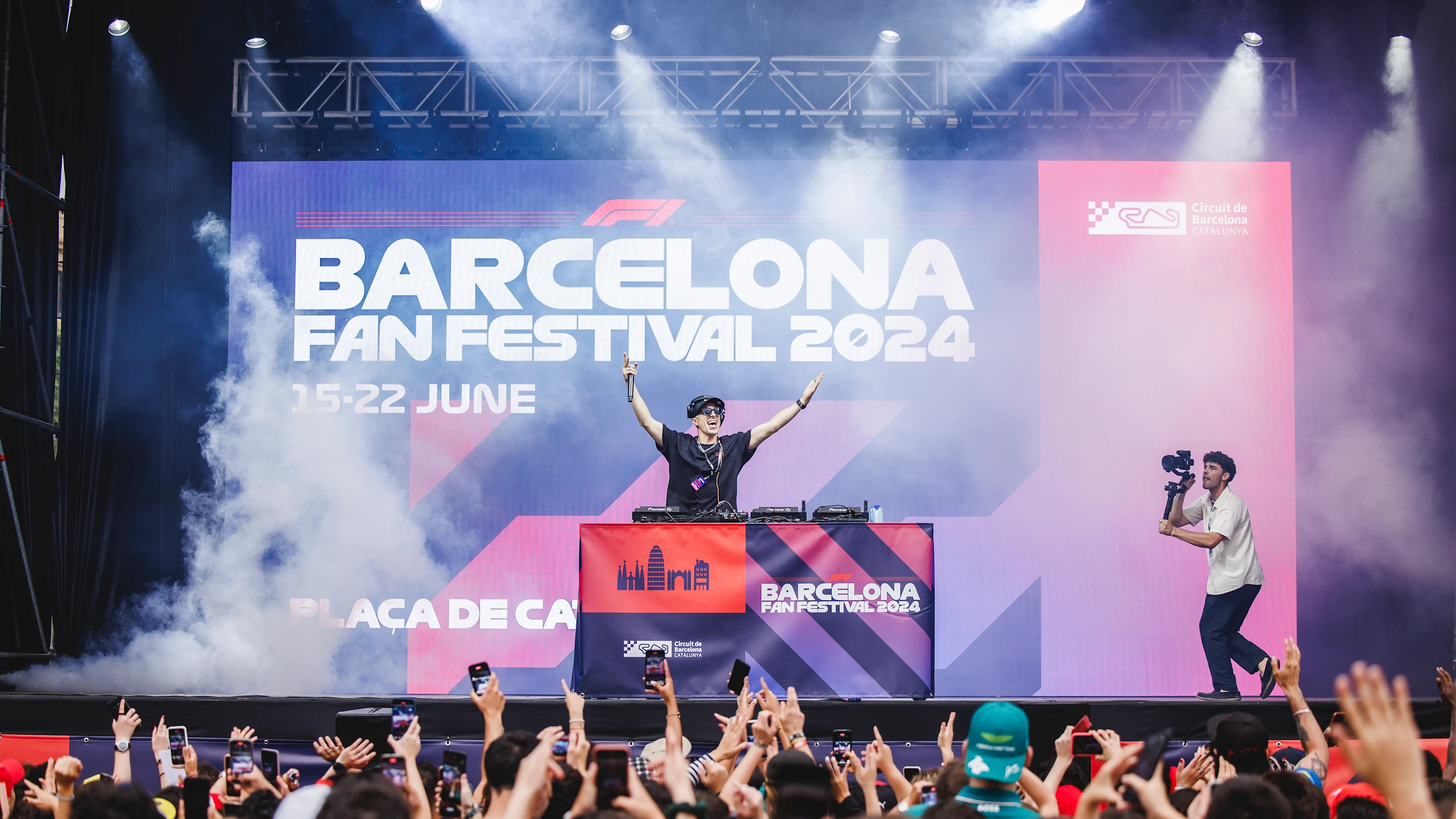 BARCELONA, SPAIN - JUNE 19: Mon Dj performs on stage during the F1 Road Show prior to the F1 Grand