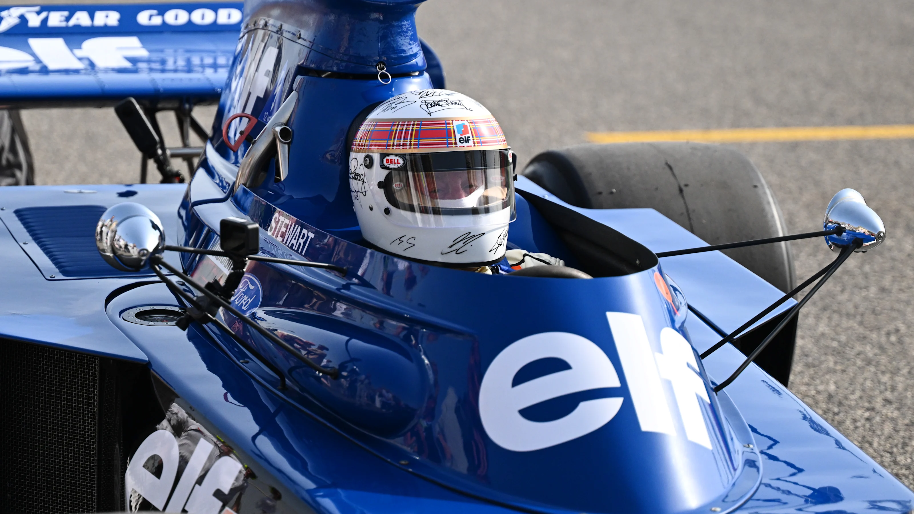 BAHRAIN, BAHRAIN - APRIL 13: Sir Jackie Stewart drives his Tyrrell 006 on track prior to the F1