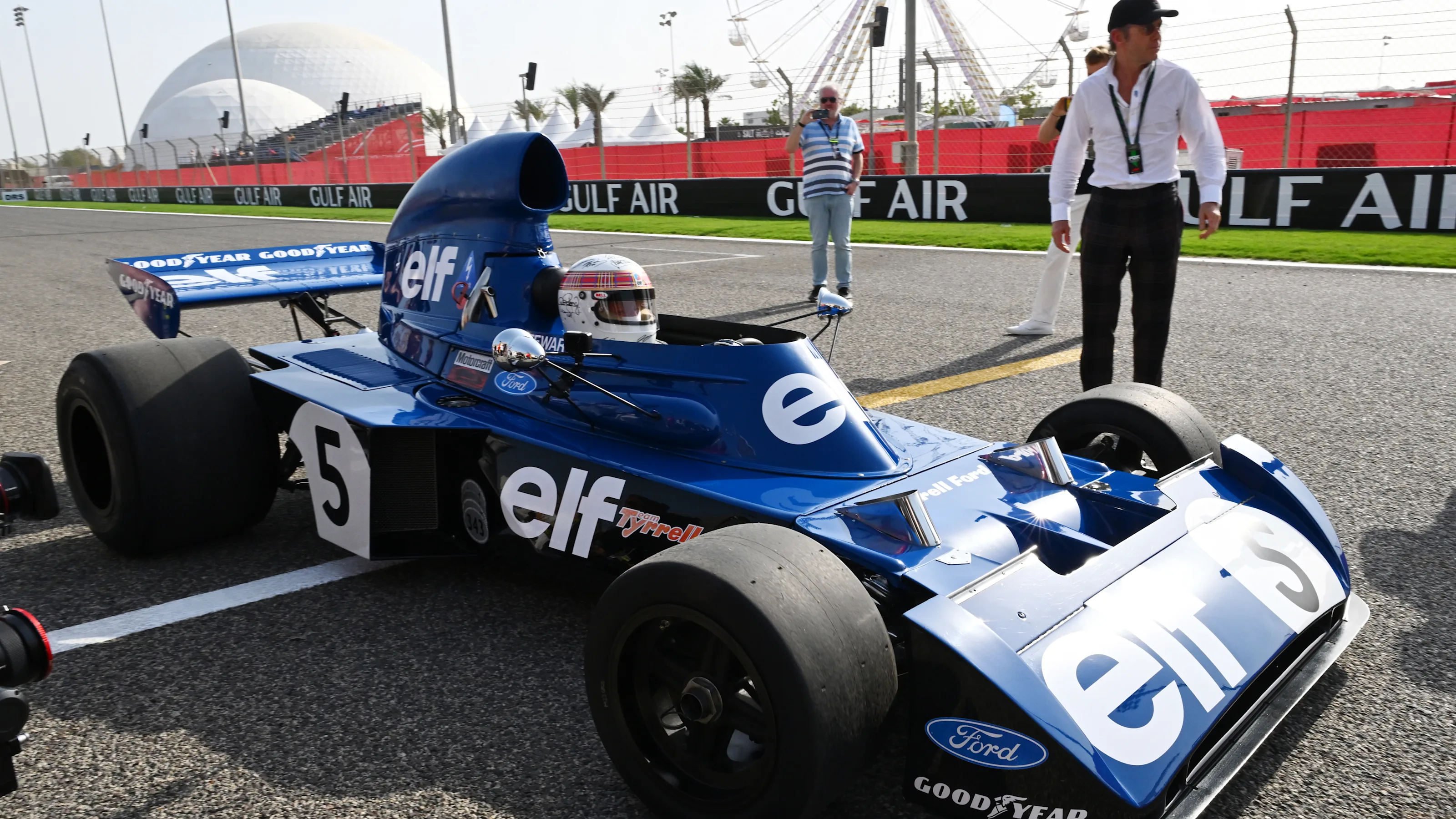 BAHRAIN, BAHRAIN - APRIL 13: Sir Jackie Stewart drives his Tyrrell 006 on track prior to the F1