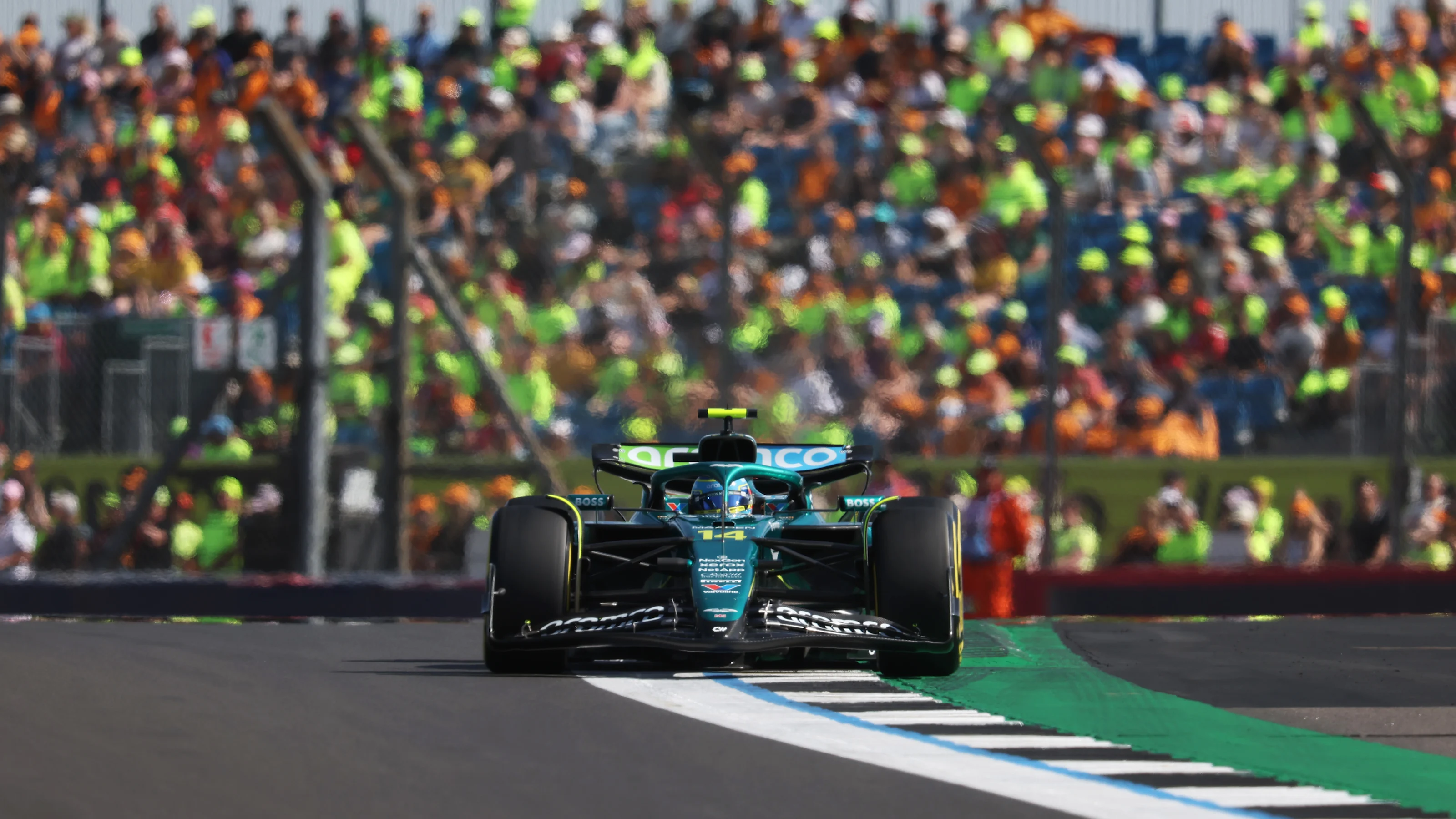 NORTHAMPTON, ENGLAND - JULY 04: Fernando Alonso of Spain driving the (14) Aston Martin F1 Team