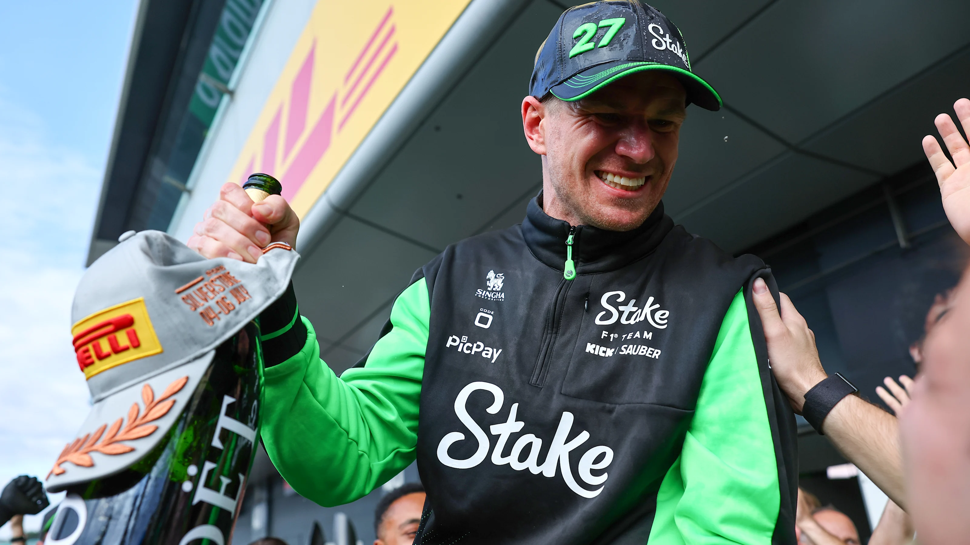 NORTHAMPTON, ENGLAND - JULY 06: Third placed Nico Hulkenberg of Germany and Stake F1 Team Kick