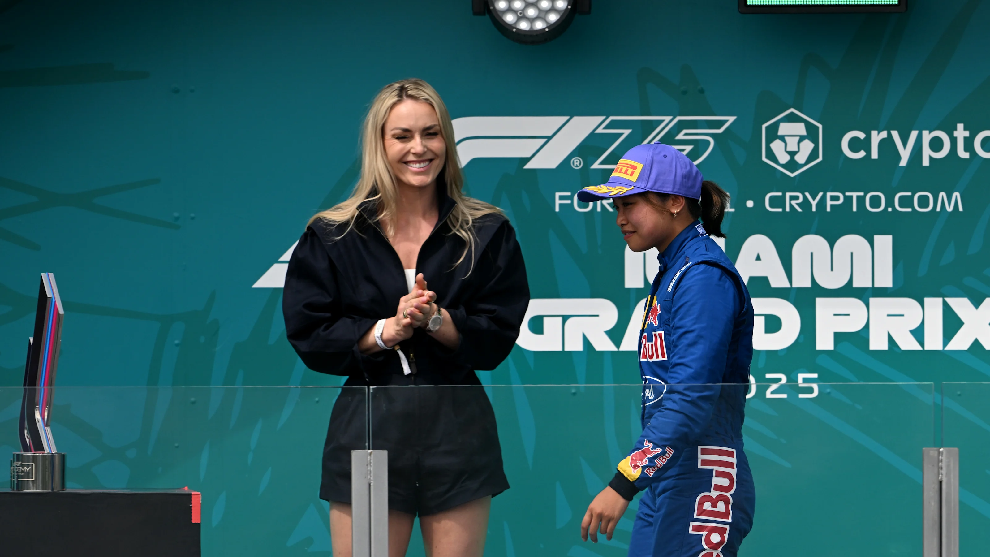 MIAMI, FLORIDA - MAY 03: Lindsey Vonn on the podium with Third placed Chloe Chambers of United