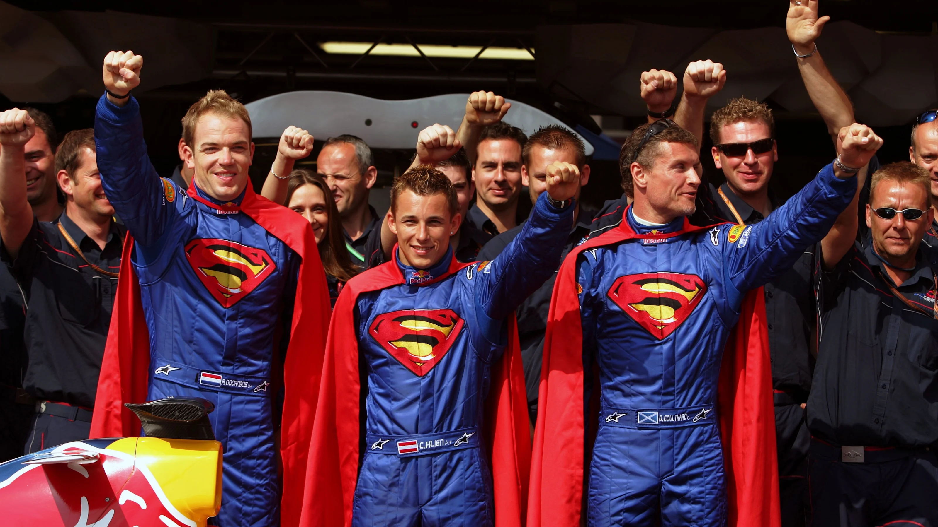 The Superman liveried Red Bull Racing drivers (L to R): Robert Doornbos (NED) Red Bull Racing Third