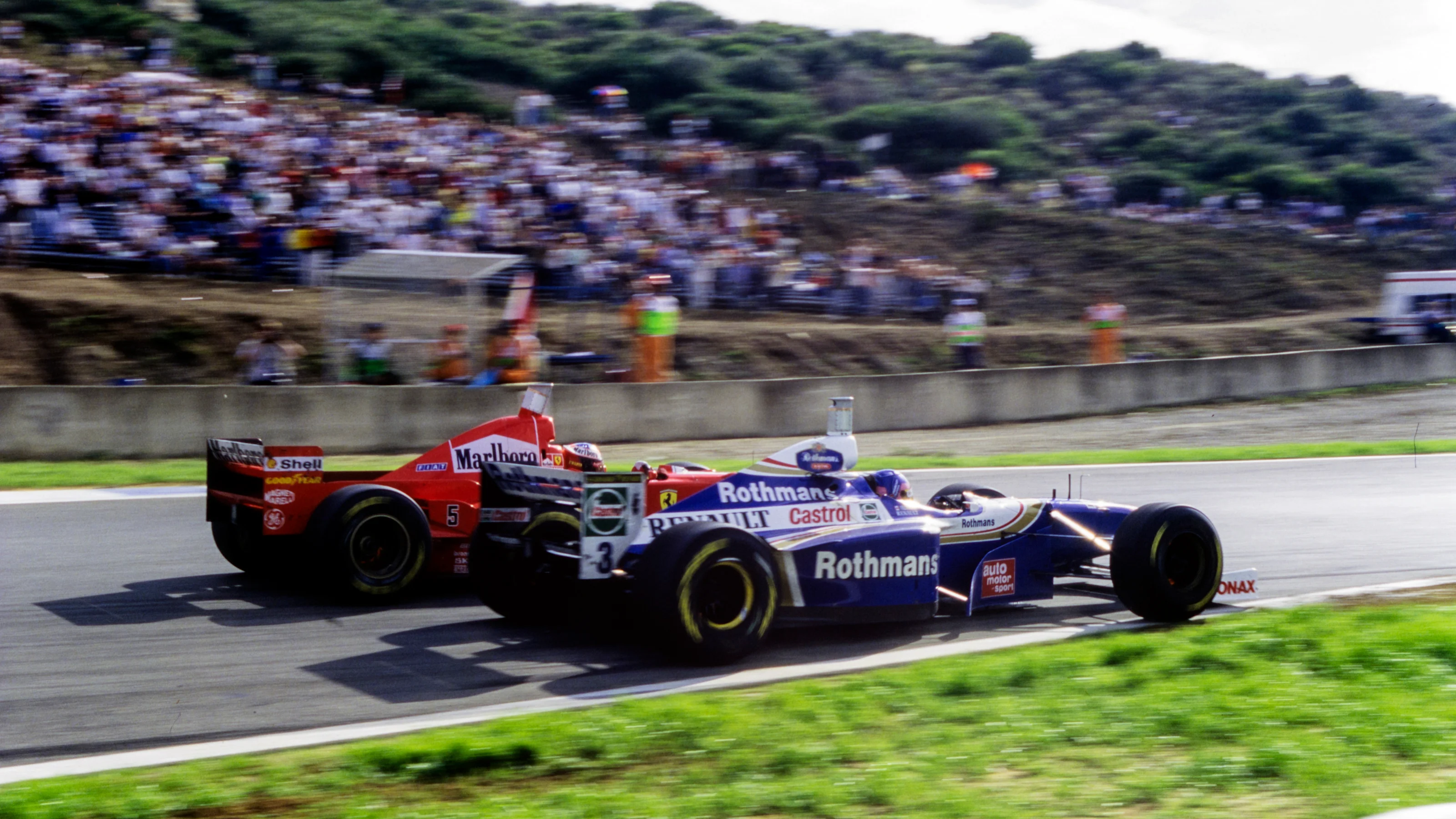 CIRCUITO DE JEREZ, SPAIN - OCTOBER 26: The controversial collision between Michael Schumacher,