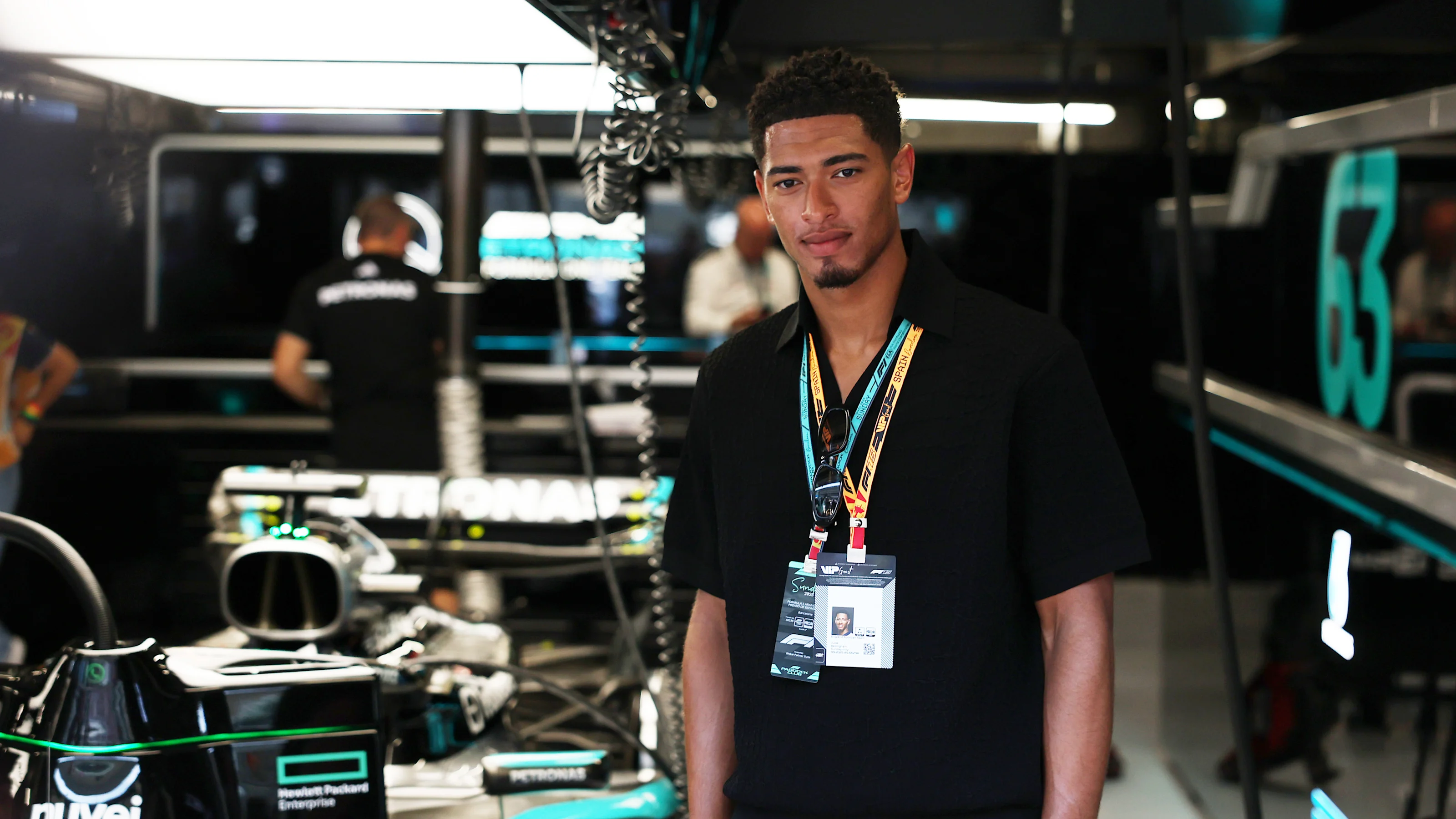 BARCELONA, SPAIN - JUNE 01: Jude Bellingham in the Mercedes AMG Petronas F1 Team garage prior to