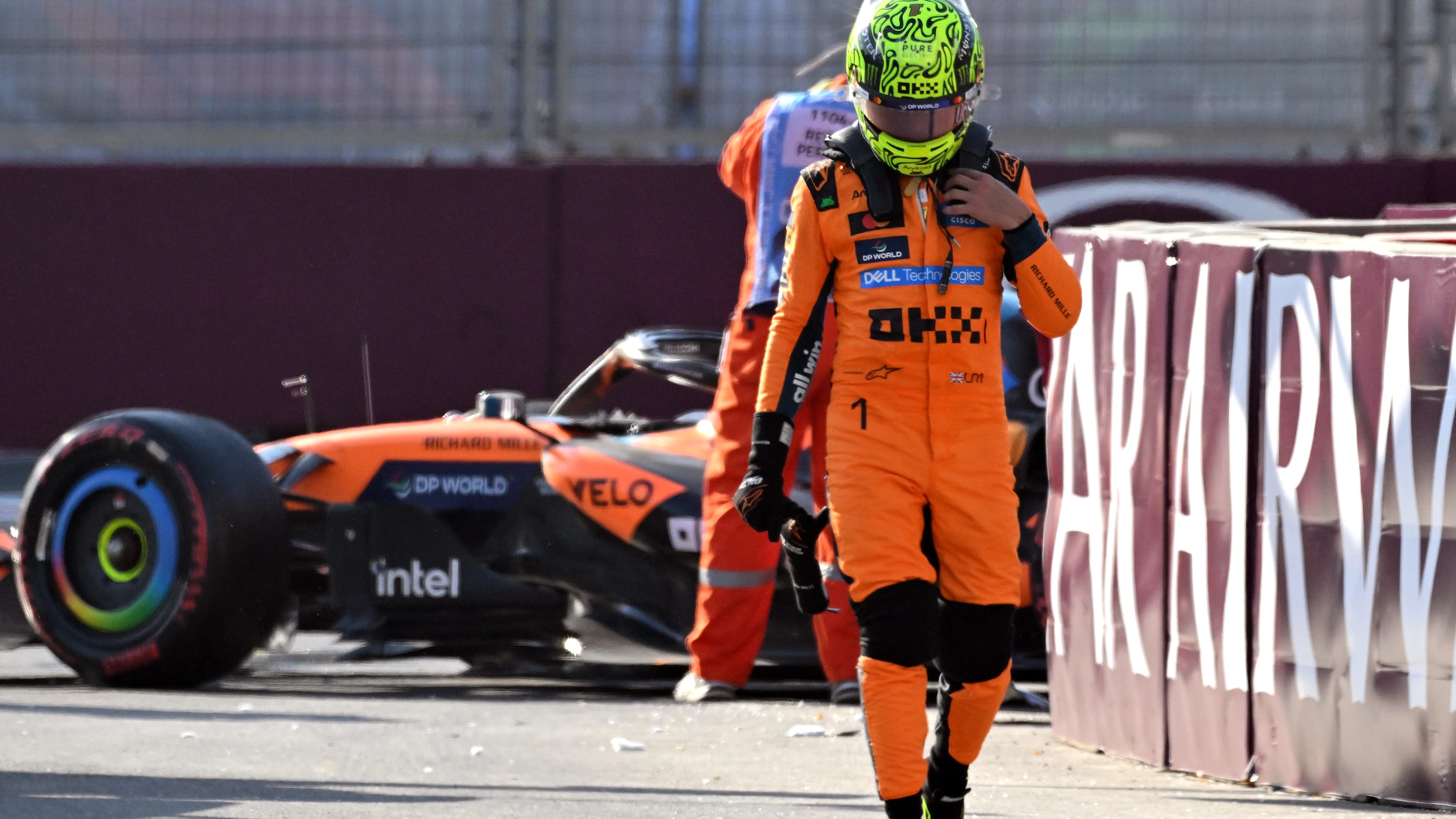 BAKU, AZERBAIJAN - SEPTEMBER 26: Lando Norris of Great Britain and McLaren looks dejected after