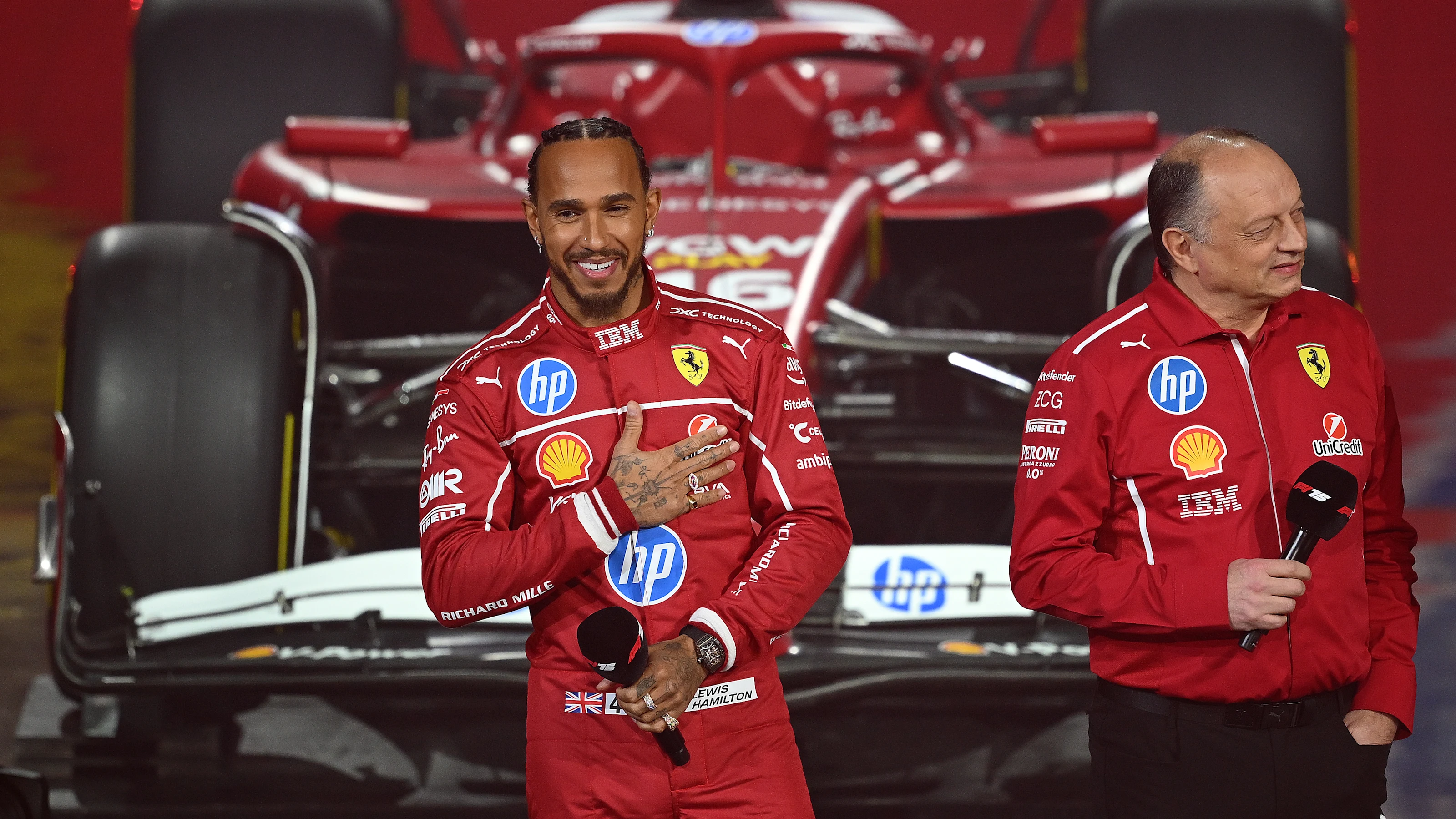 LONDON, ENGLAND - FEBRUARY 18:  Lewis Hamilton of Great Britain and Scuderia Ferrari, with Frederic