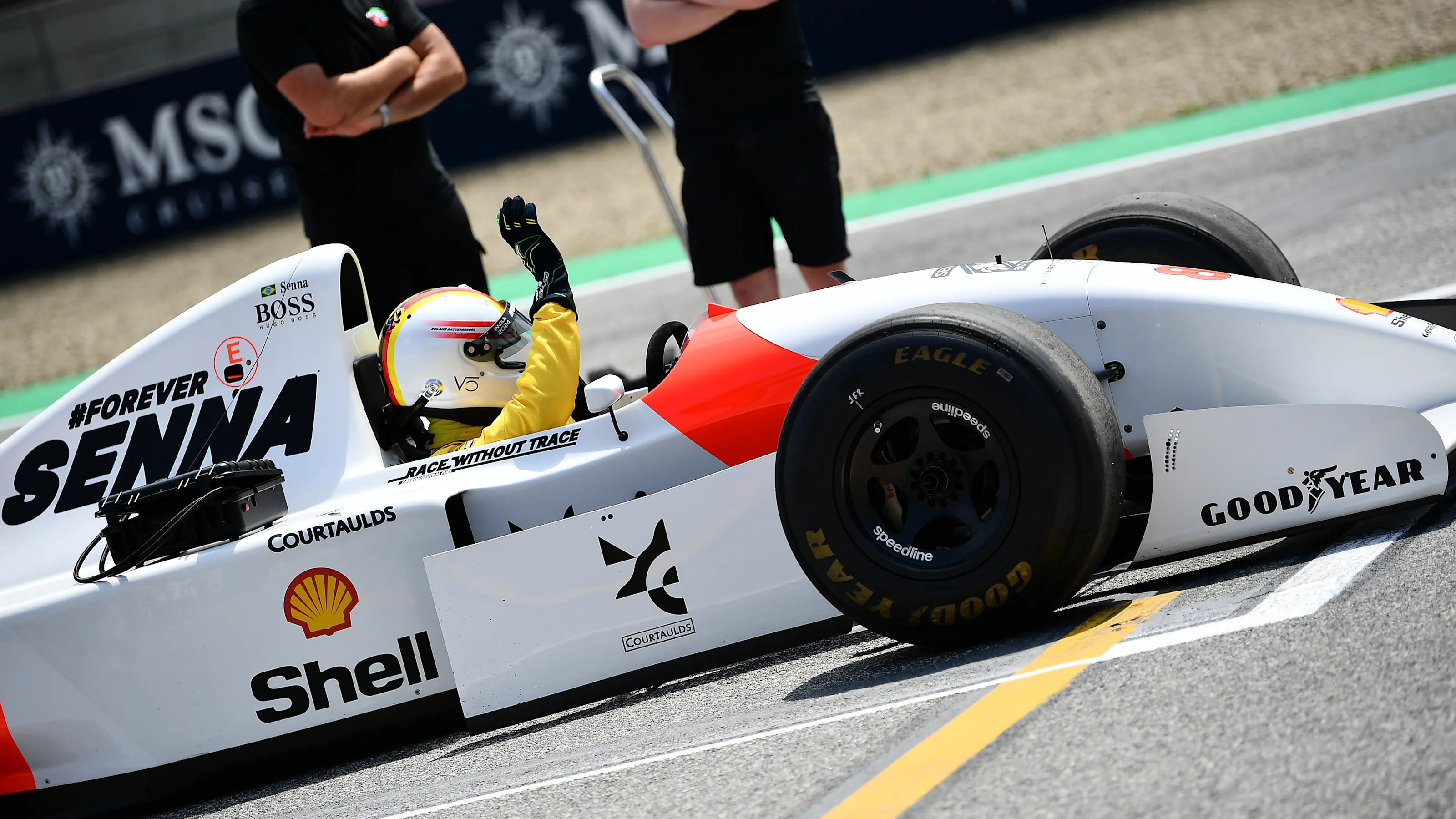 IMOLA, ITALY - MAY 19: Sebastian Vettel prepares to drive the McLaren MP4/8 of Ayrton Senna on