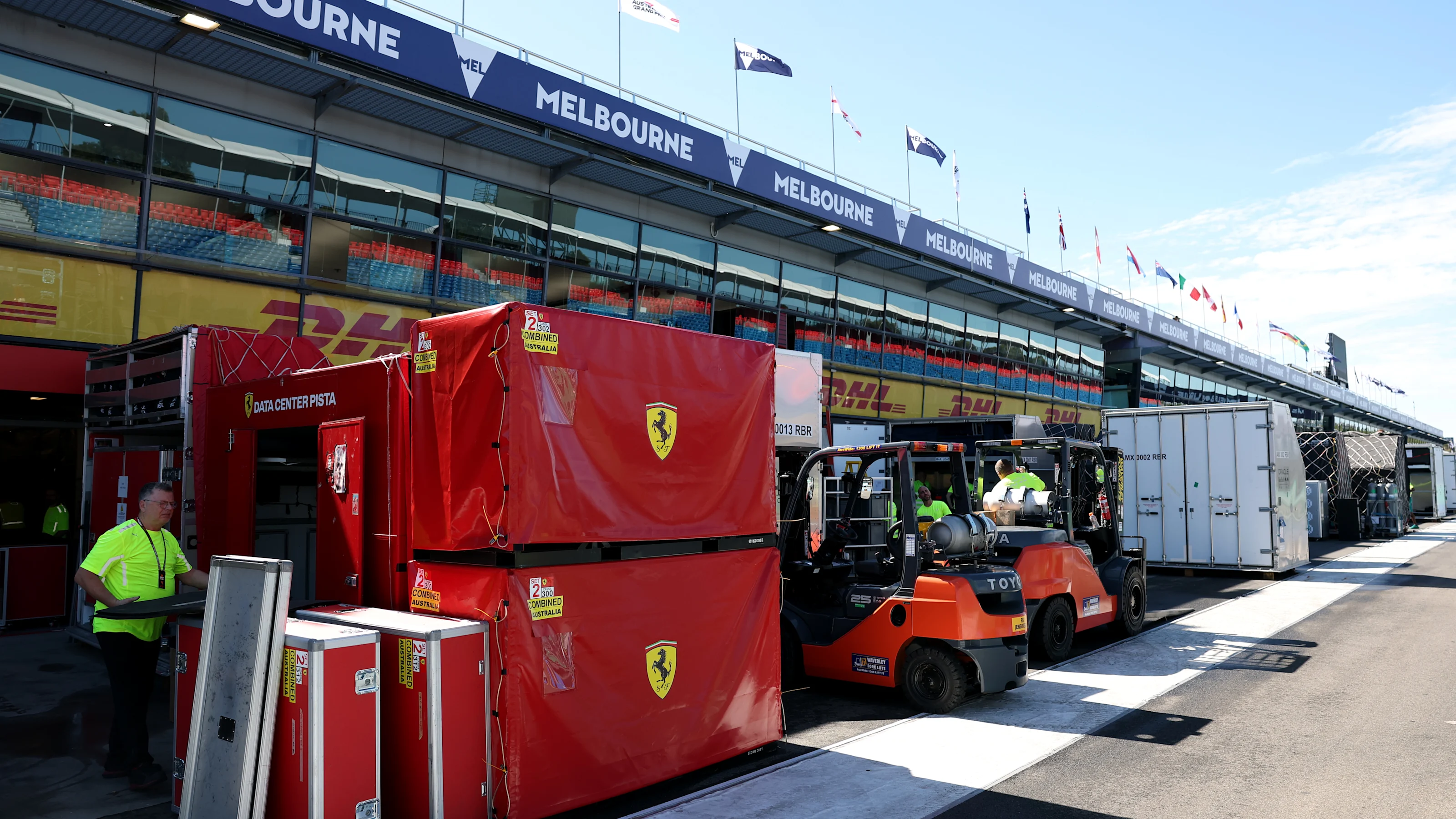 MELBOURNE, AUSTRALIA - MARCH 10: F1 teams freight is seen on the start/finish straight during