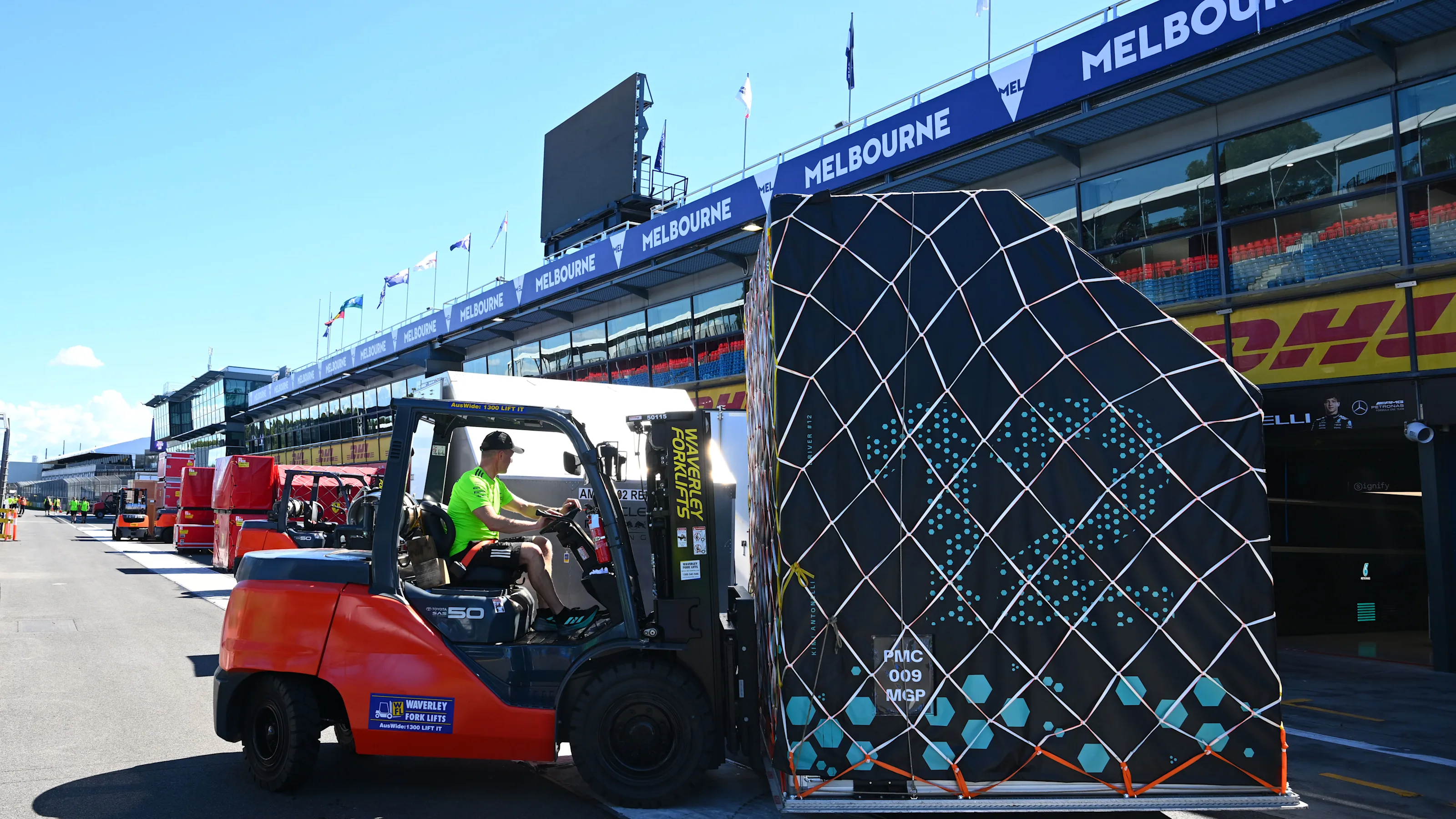 MELBOURNE, AUSTRALIA - MARCH 10: F1 team freight is seen on the start/finish straight during