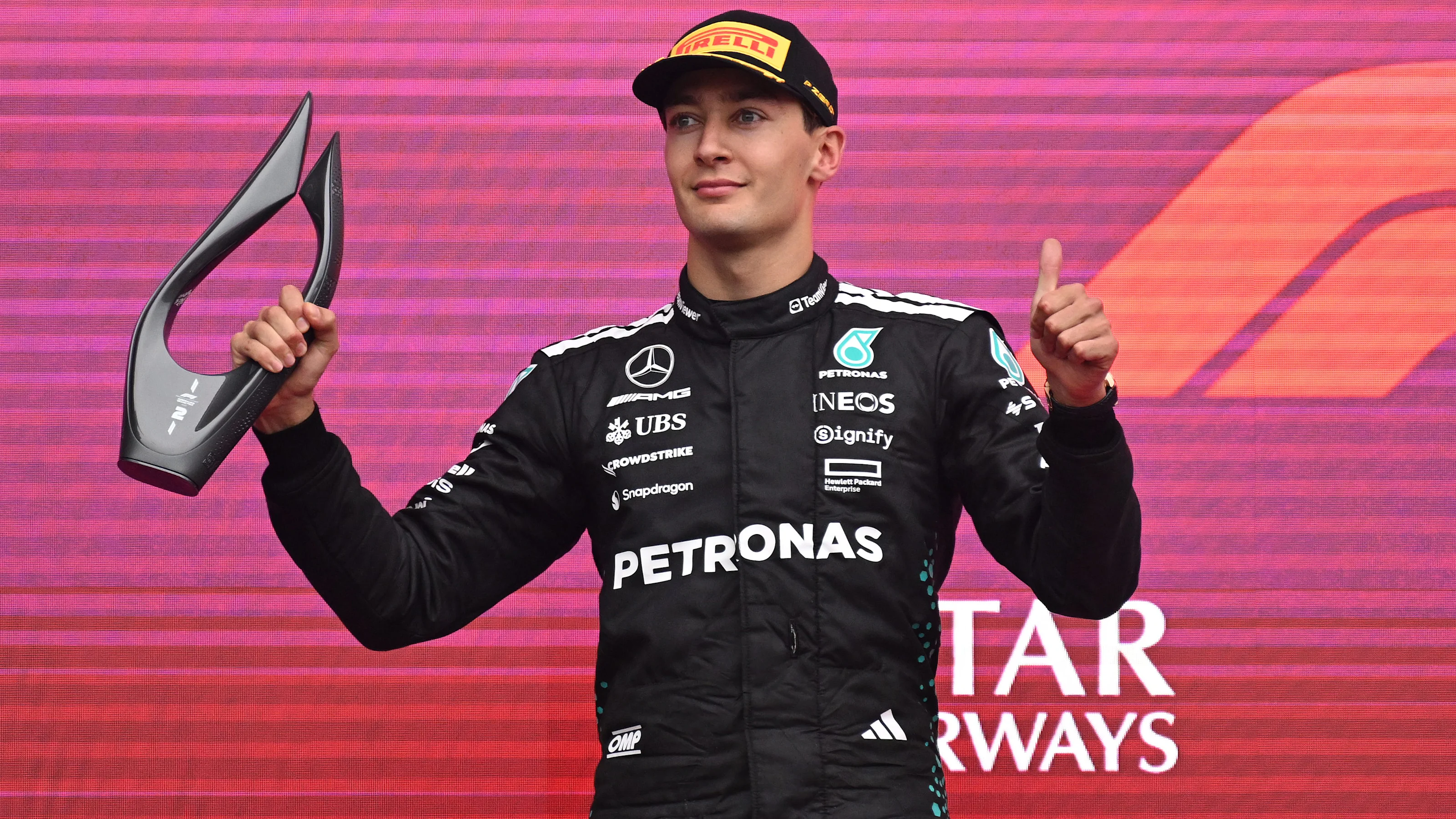 BAKU, AZERBAIJAN - SEPTEMBER 21: Second placed George Russell of Great Britain and Mercedes AMG