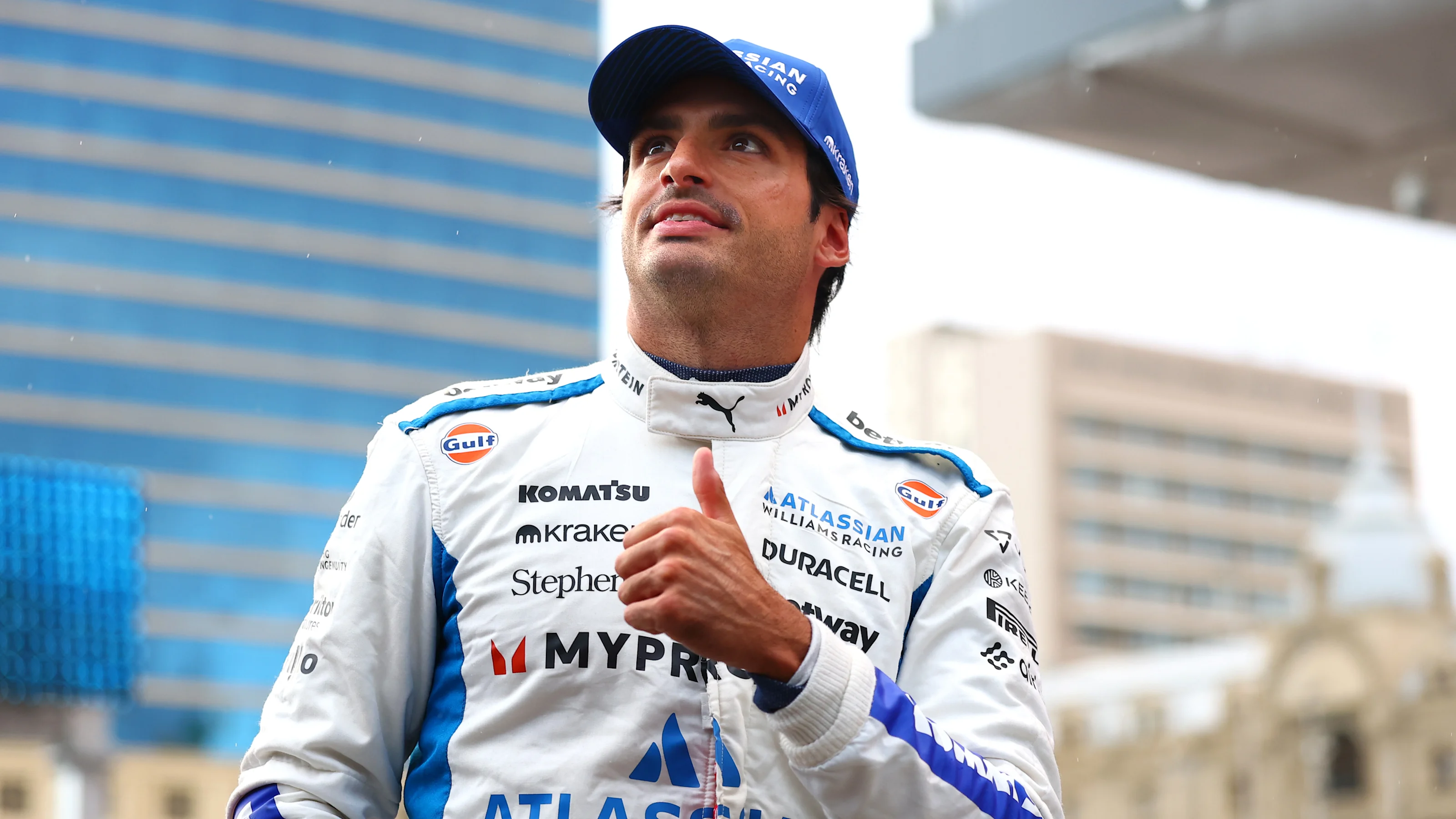 BAKU, AZERBAIJAN - SEPTEMBER 20: Second placed qualifier Carlos Sainz of Spain and Williams gives a