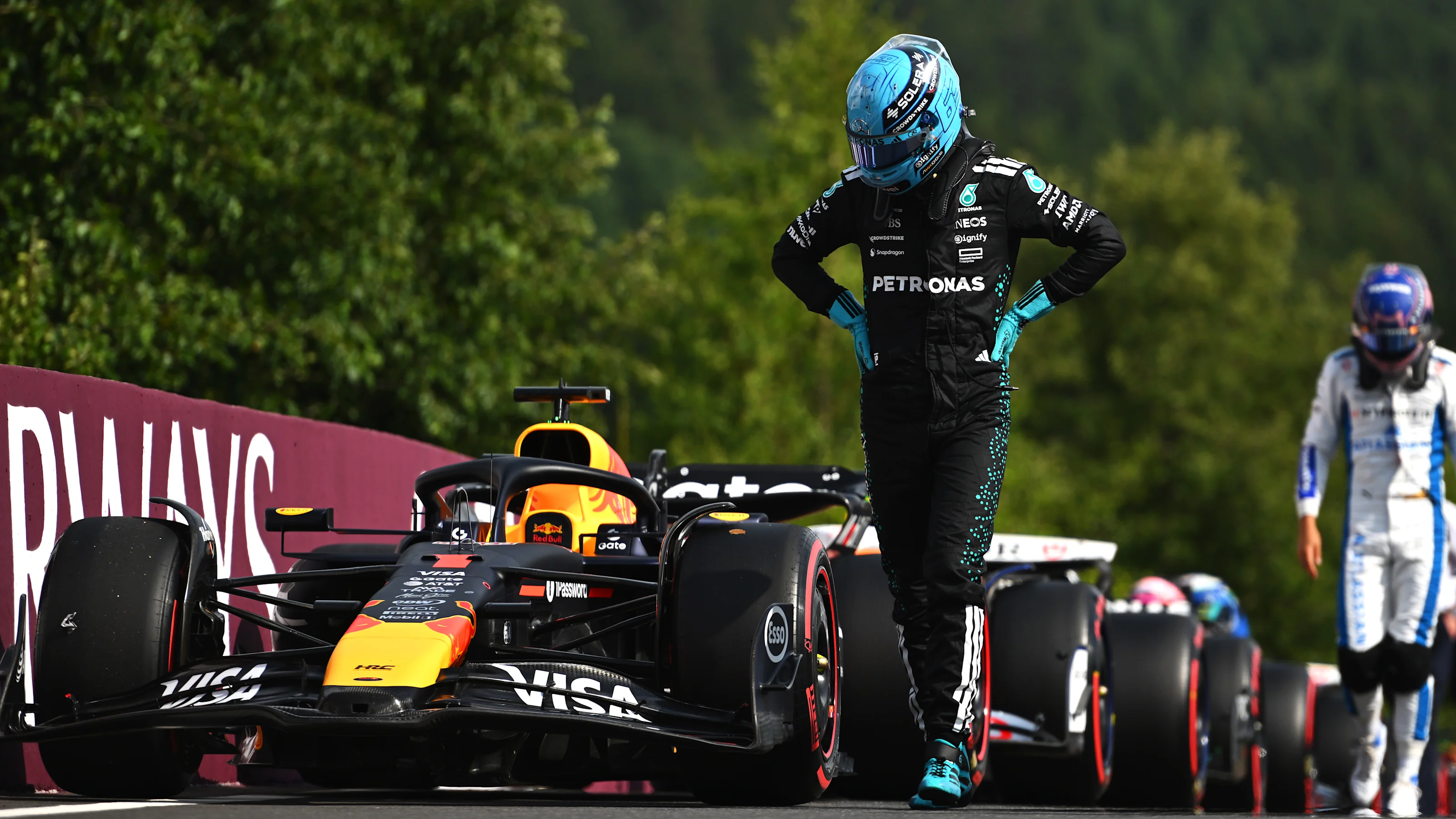 SPA, BELGIUM - JULY 26: Sixth placed qualifier George Russell of Great Britain and Mercedes AMG